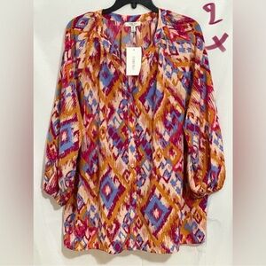 LADIES BEIGE TOP WITH BLUE, RED & GOLDENROD DESIGNS